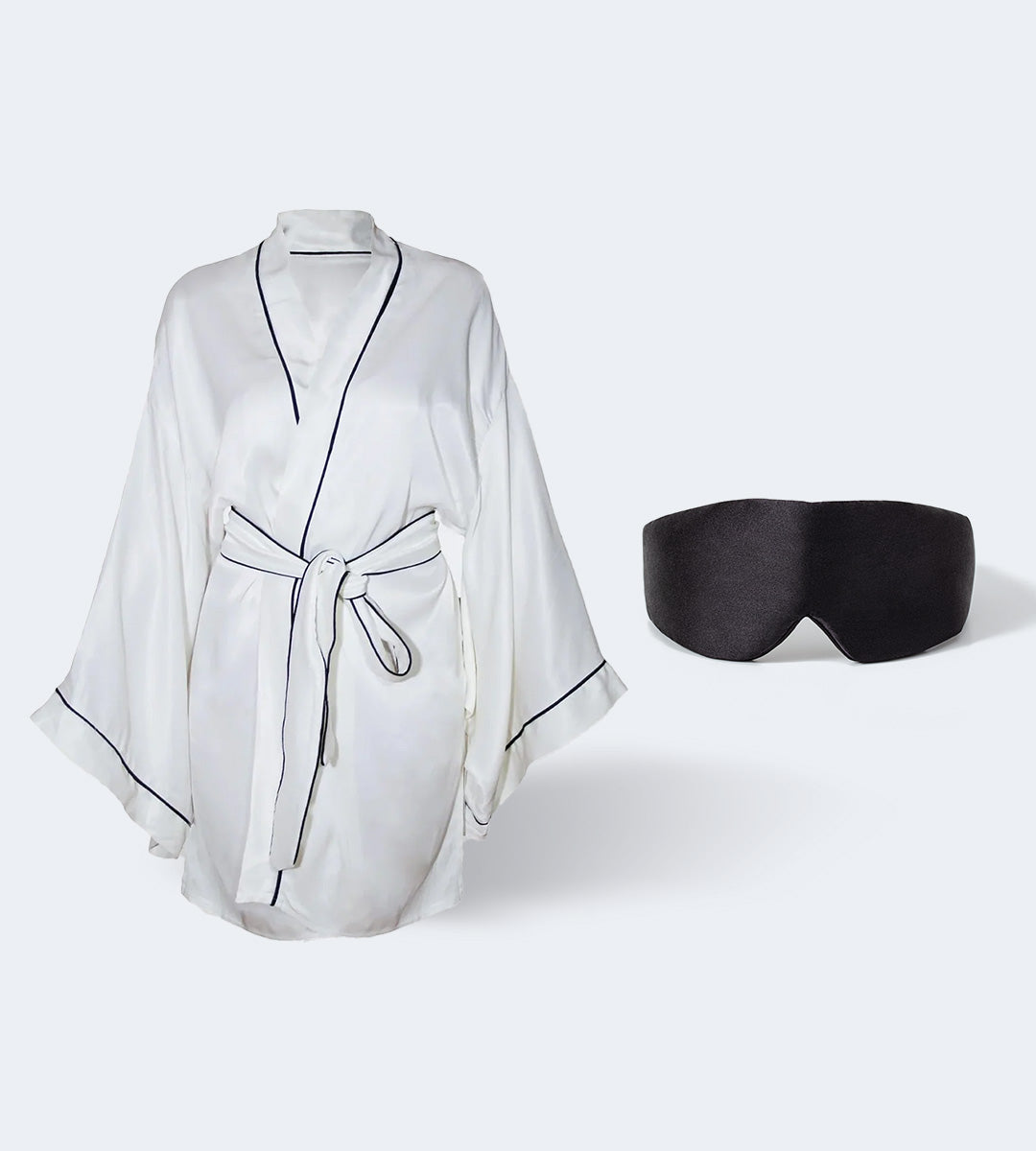Silk-Satin Kimono Robes for Beauty Sleep White + Sleep Mask Black