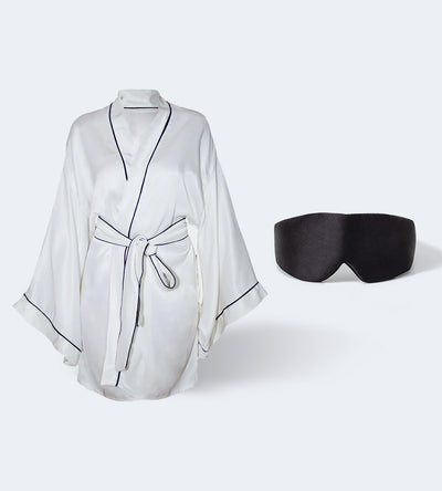 Silk-Satin Kimono Robes for Beauty Sleep White + Sleep Mask Black