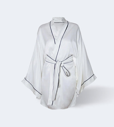 Silk-Satin Kimono Robes for Beauty Sleep White + Sleep Mask Black