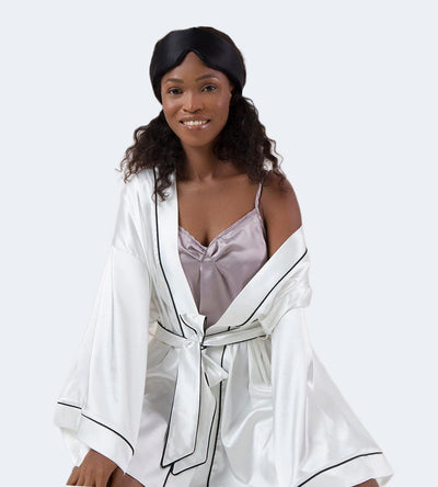 Silk-Satin Kimono Robes for Beauty Sleep White + Sleep Mask Black