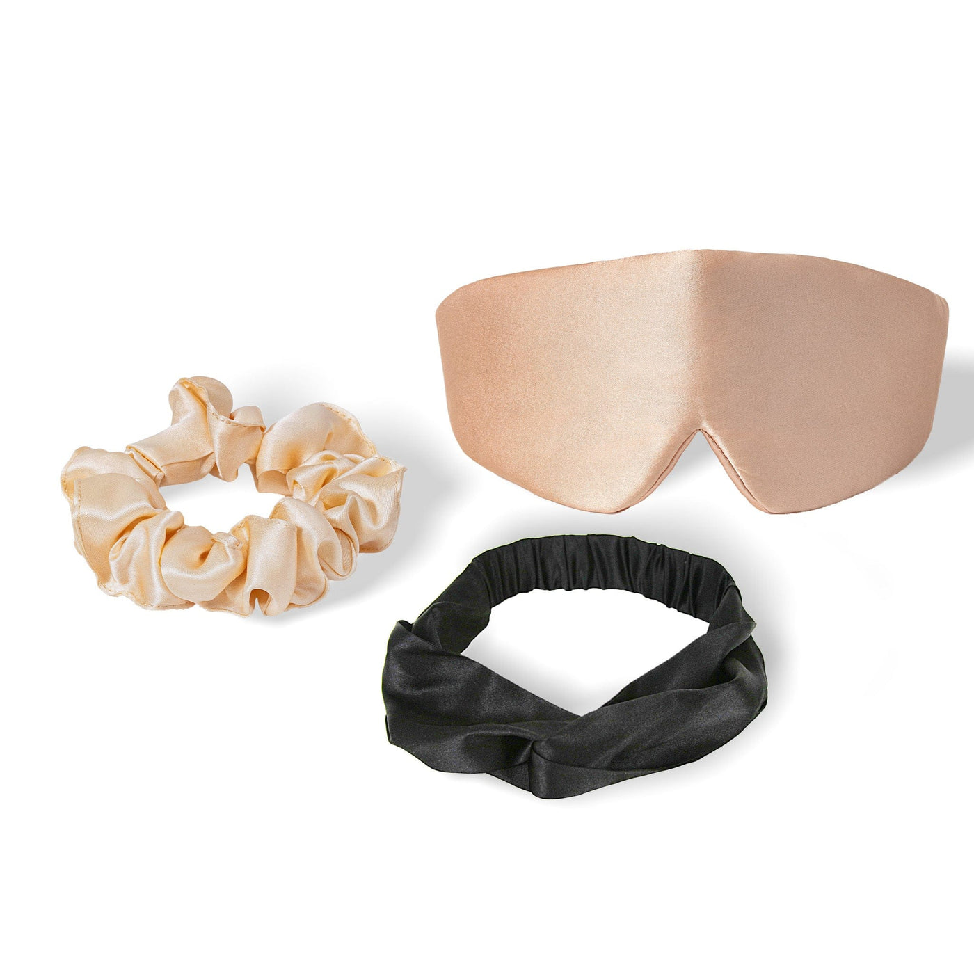 Schlafmaske Rosa + Haargummi Beige + Gedrehtes Stirnband Schwarz