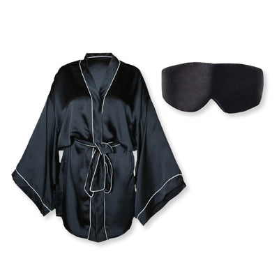 Seiden-Satin-Kimono-Bademantel für Schönheitsschlaf Schwarz + Schlafmaske Schwarz