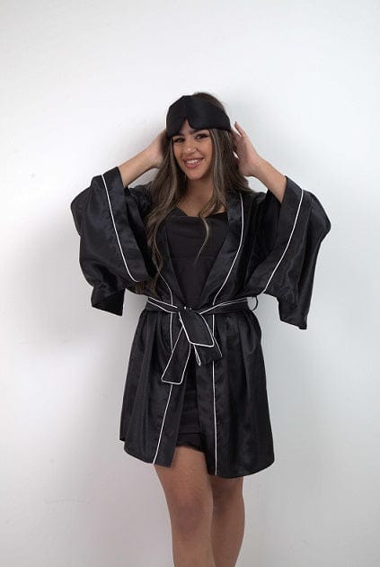 Seiden-Satin-Kimono-Bademantel für Schönheitsschlaf Schwarz + Schlafmaske Schwarz