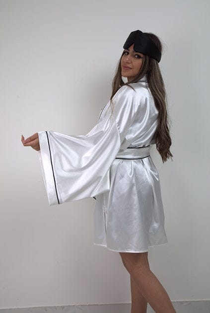 Seiden-Satin-Kimono-Bademantel für Schönheitsschlaf Weiß + Schlafmaske Schwarz