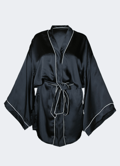 Seiden-Satin-Kimono-Bademantel für Schönheitsschlaf Schwarz + Schlafmaske Schwarz