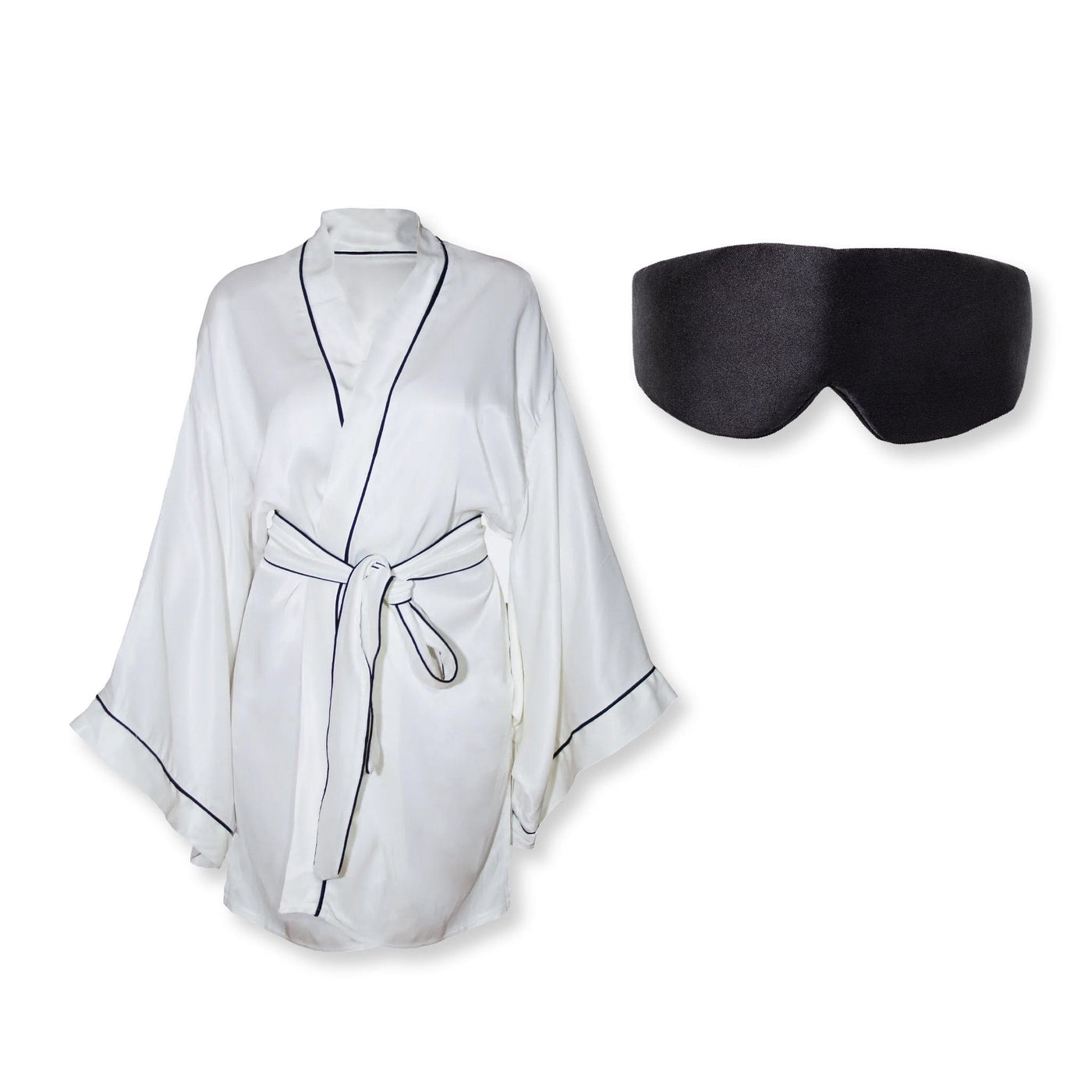 Peignoir Kimono en soie et satin pour le sommeil blanc + Masque de sommeil noir